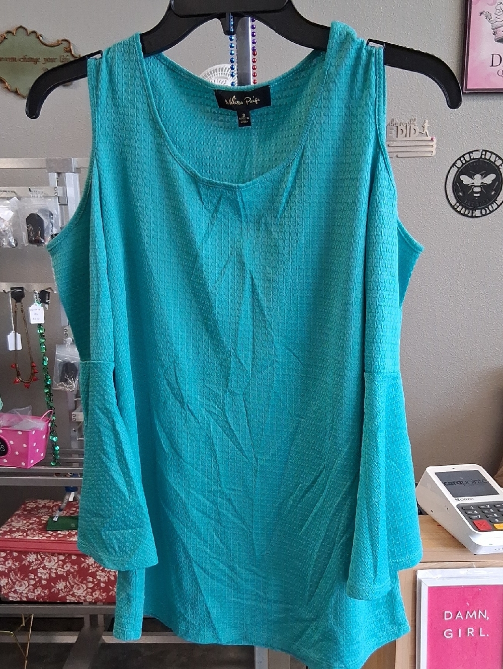 Melissa Paige Turquoise Scoop Neck Peek Sleeve Tank